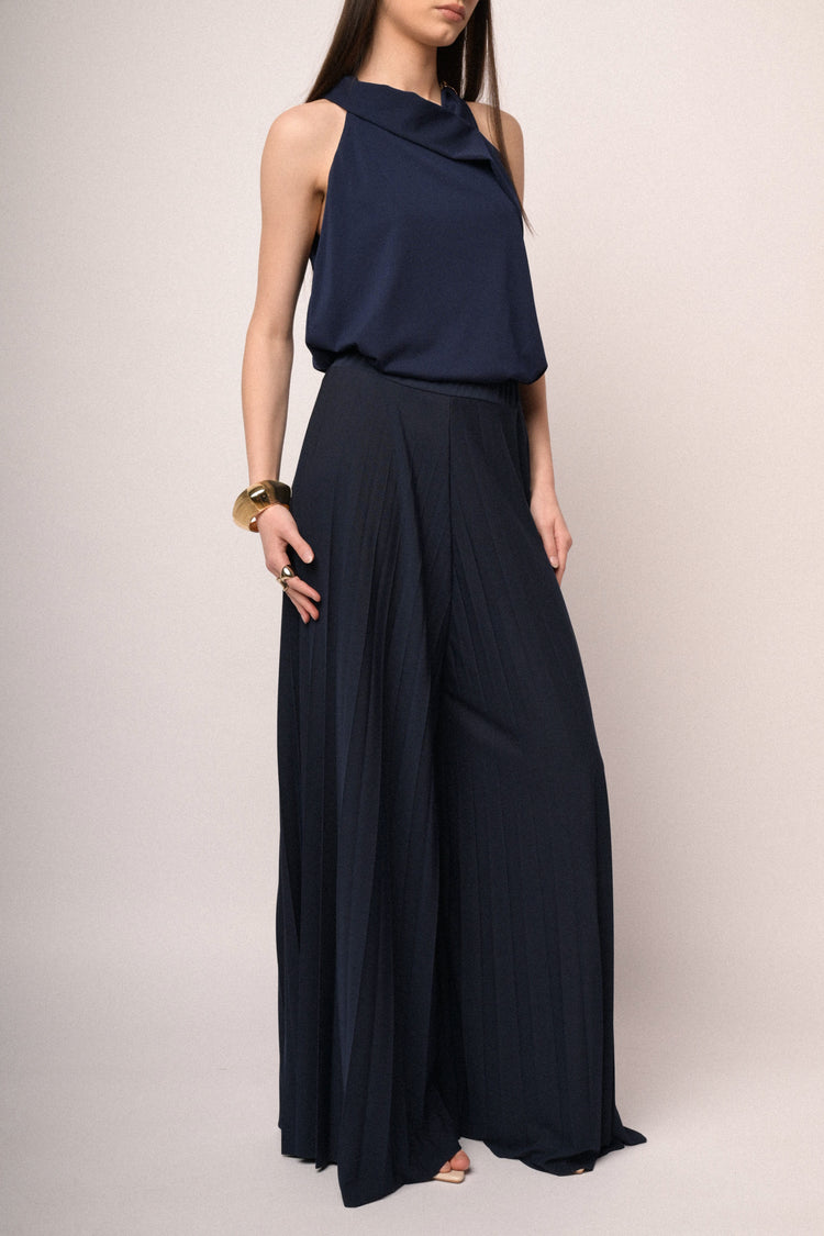 Blue pleated wide leg trousers