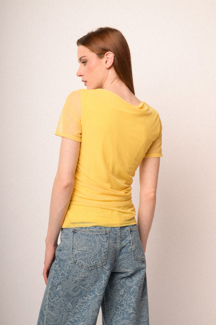 Yellow double-layered tulle t-shirt
