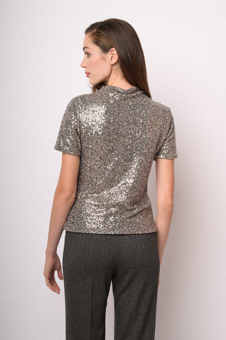 Silver sequin mock-neck top