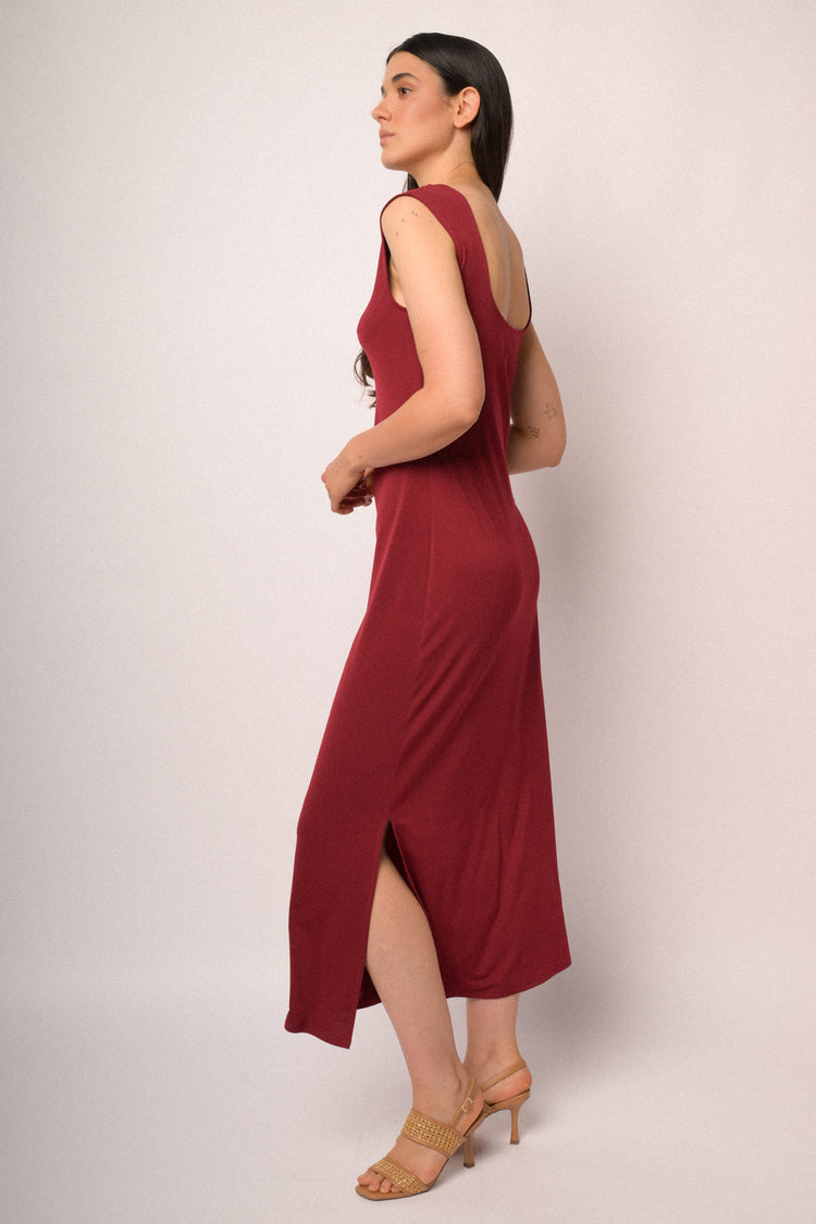 Red long dress with back neckline