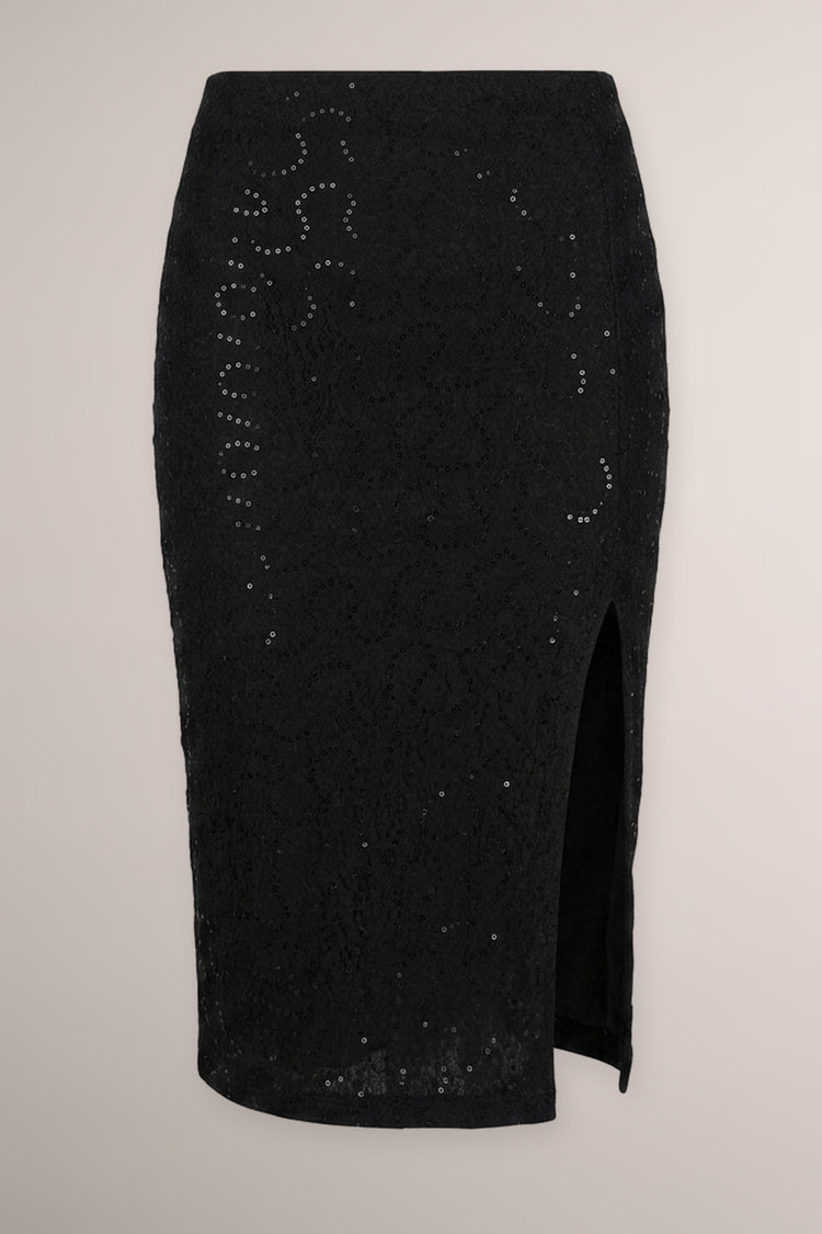 Sequin-embellished black jacquard pencil skirt