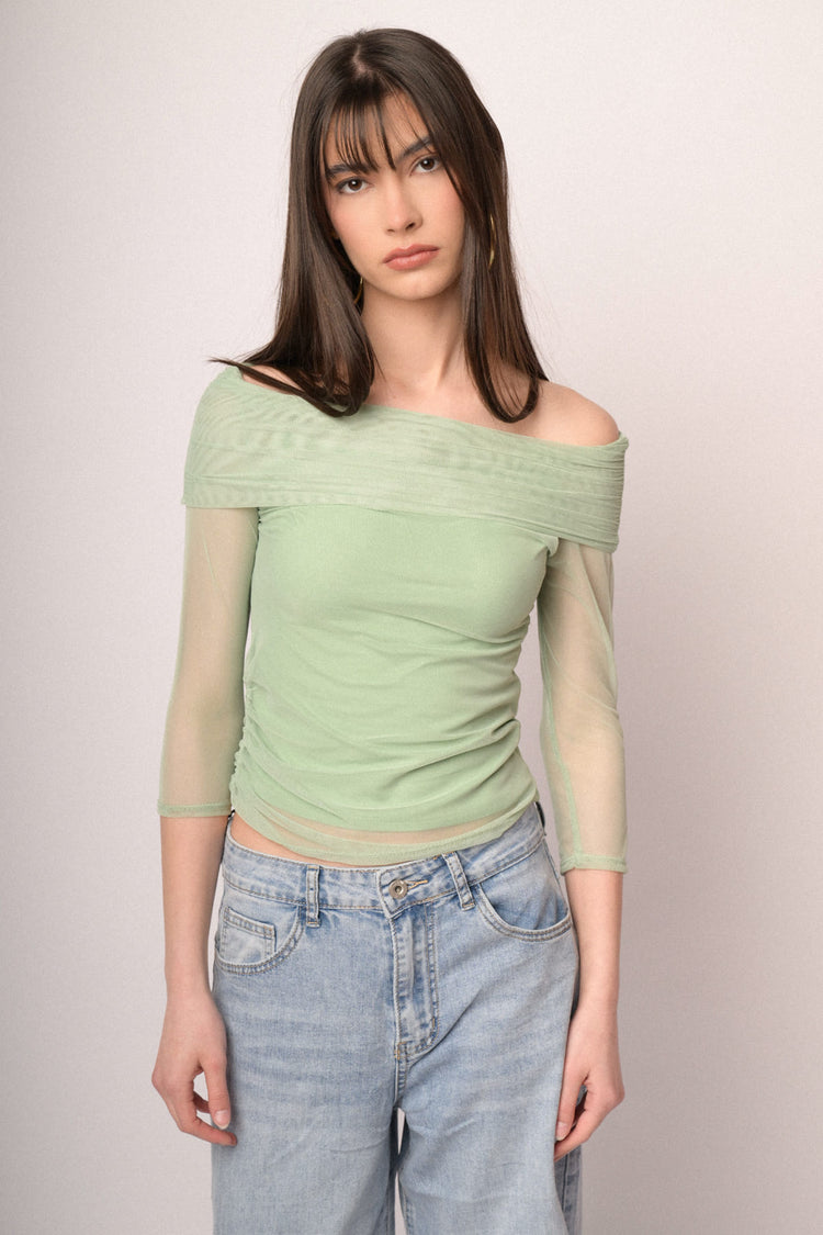 Apple green double-layered tulle top