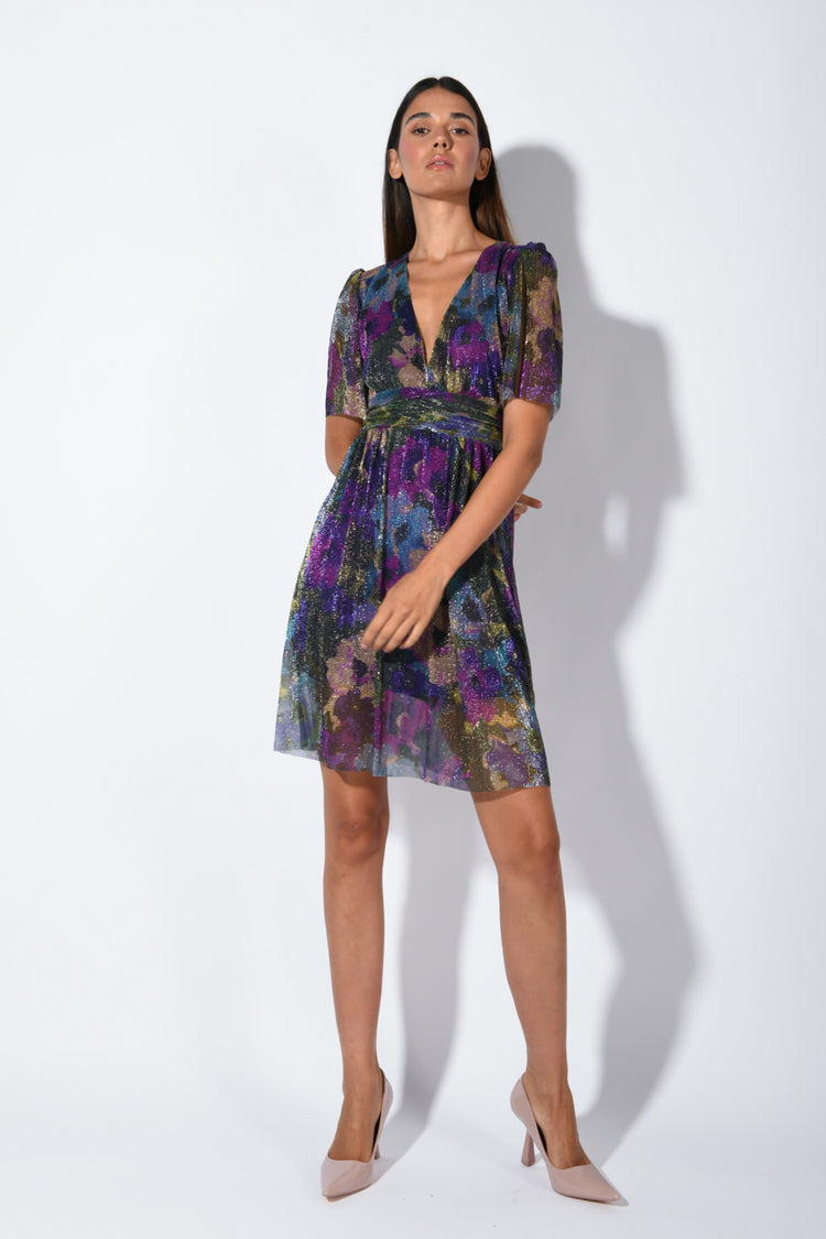 Print lurex pleated mini dress