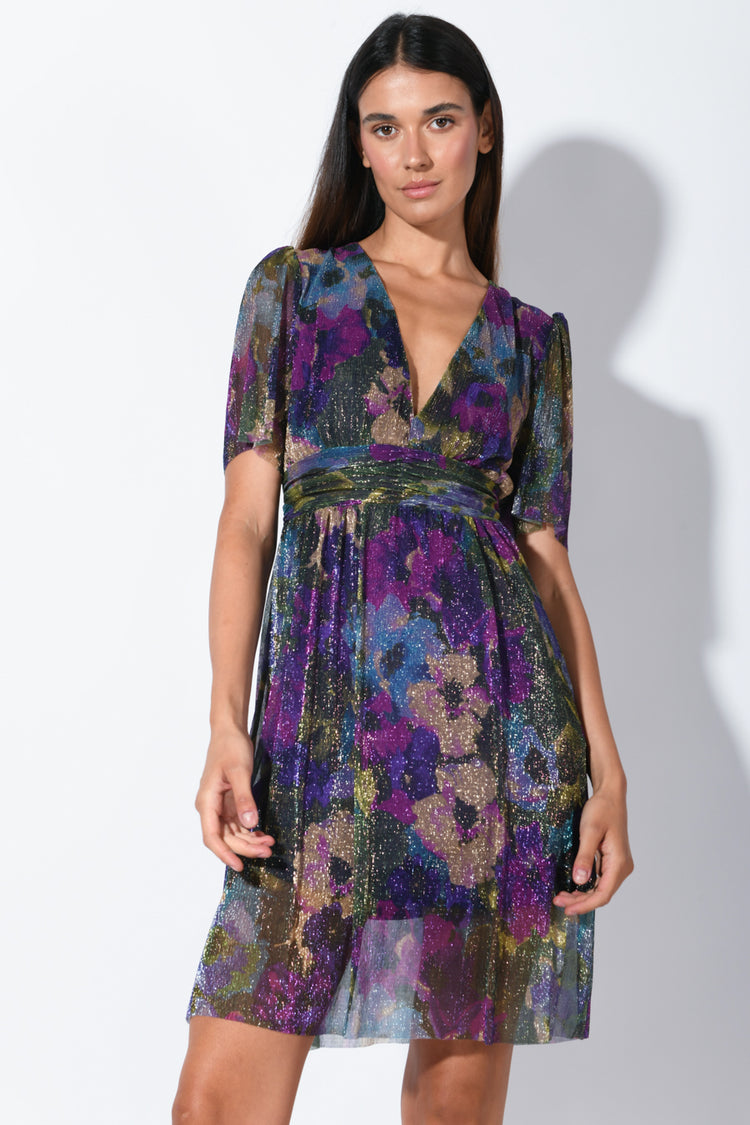 Print lurex pleated mini dress