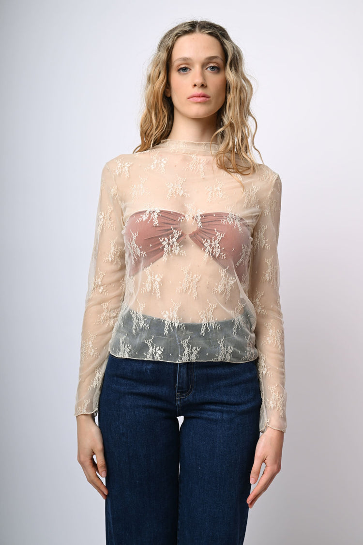 Embroidered tulle crater neck top