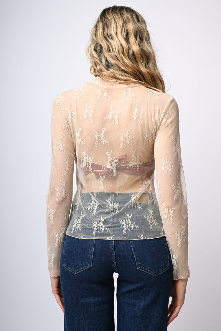 Embroidered tulle crater neck top