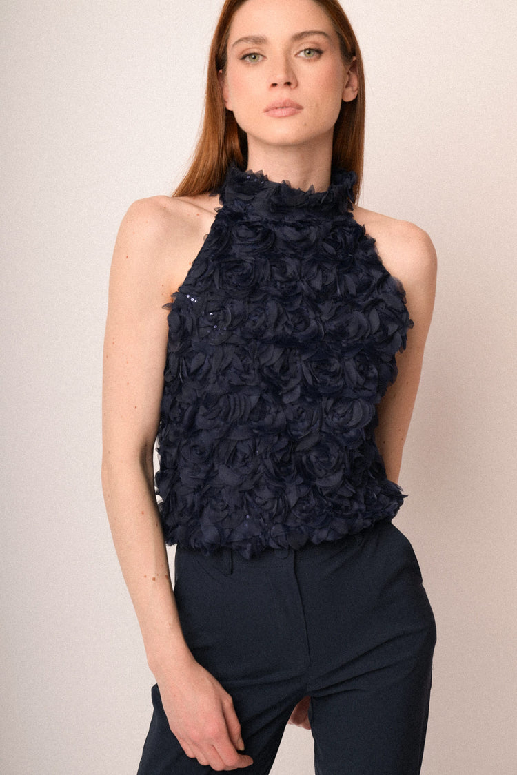 Blue 3D roses halter top