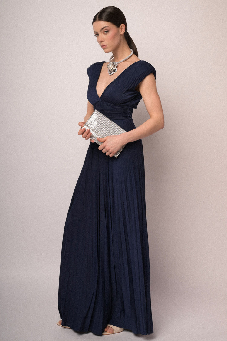Navy blue pleated fabric gown
