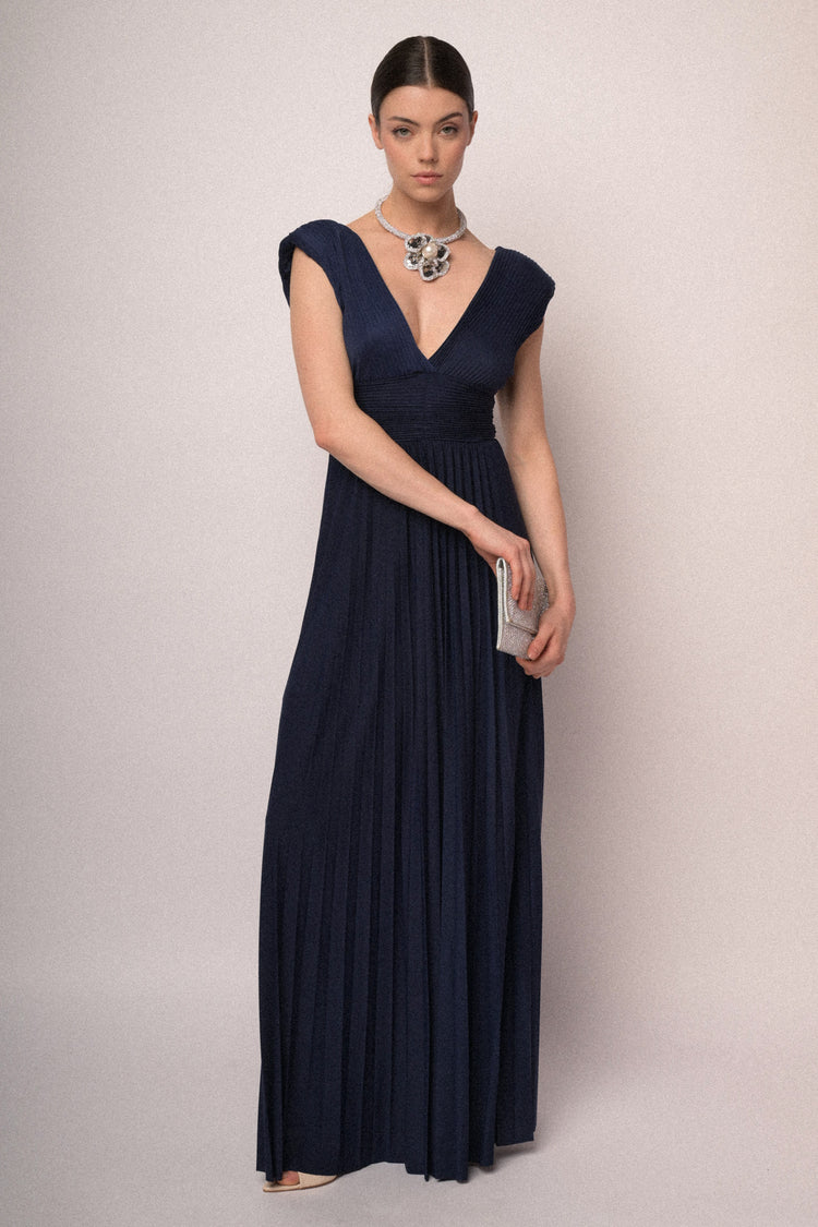 Navy blue pleated fabric gown