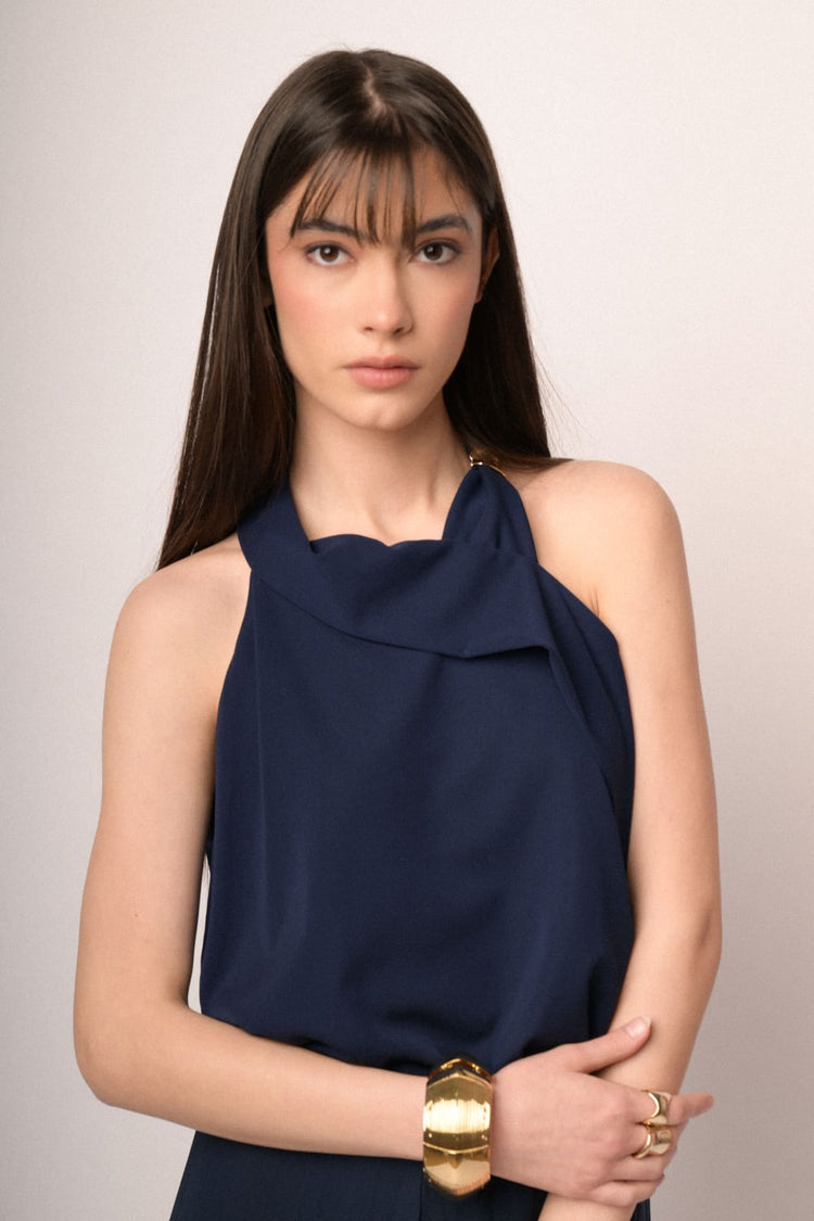 Golden buckle blue halter top