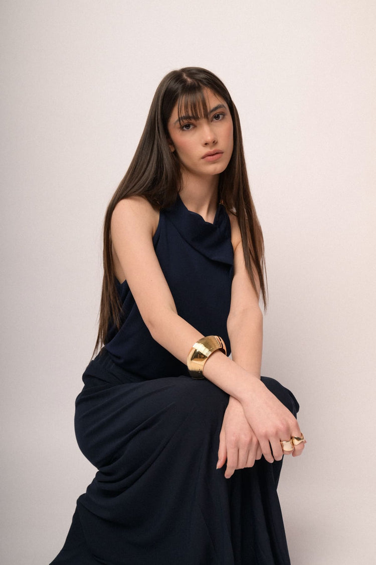 Golden buckle blue halter top