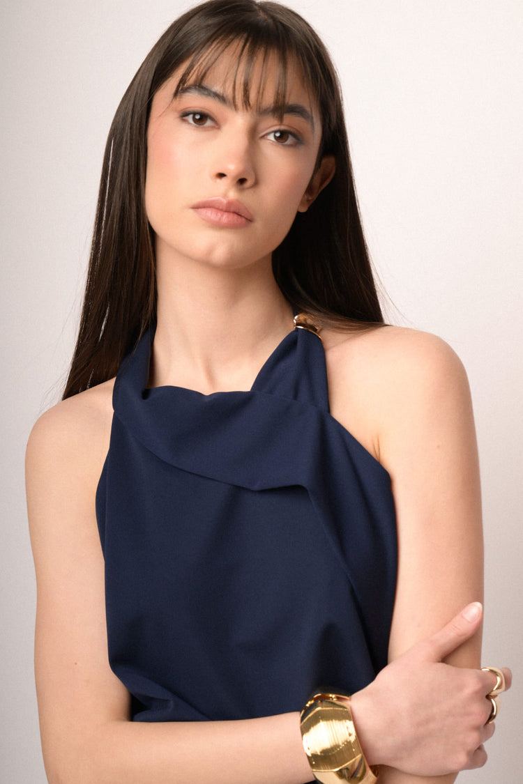 Golden buckle blue halter top