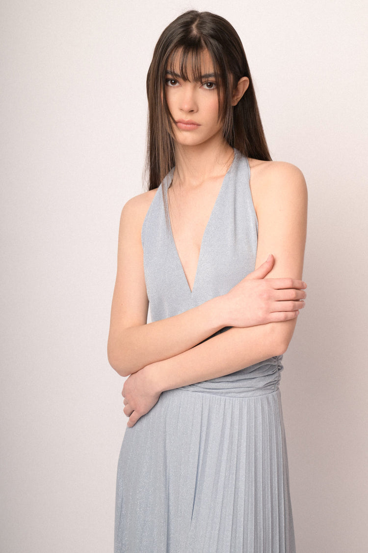 Sky blue lurex pleated knit long dress