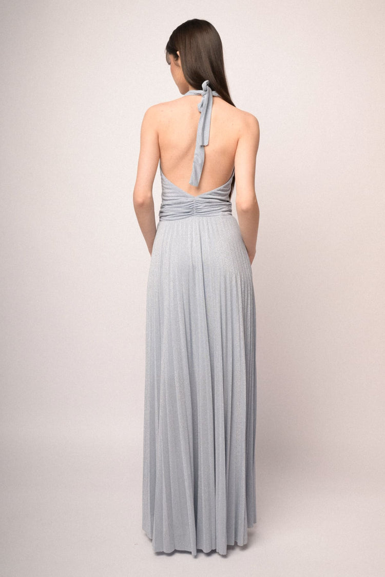 Sky blue lurex pleated knit long dress