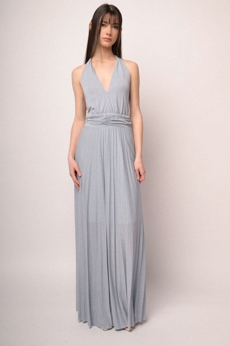Sky blue lurex pleated knit long dress