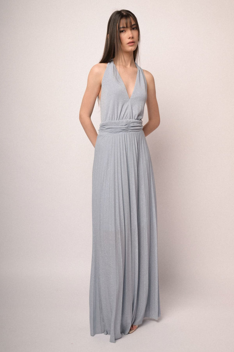 Sky blue lurex pleated knit long dress