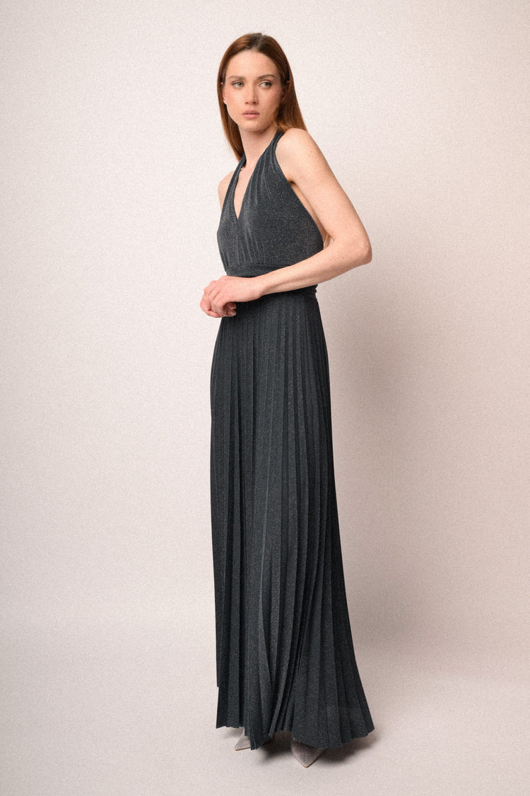 Midnight blue lurex pleated knit long dress
