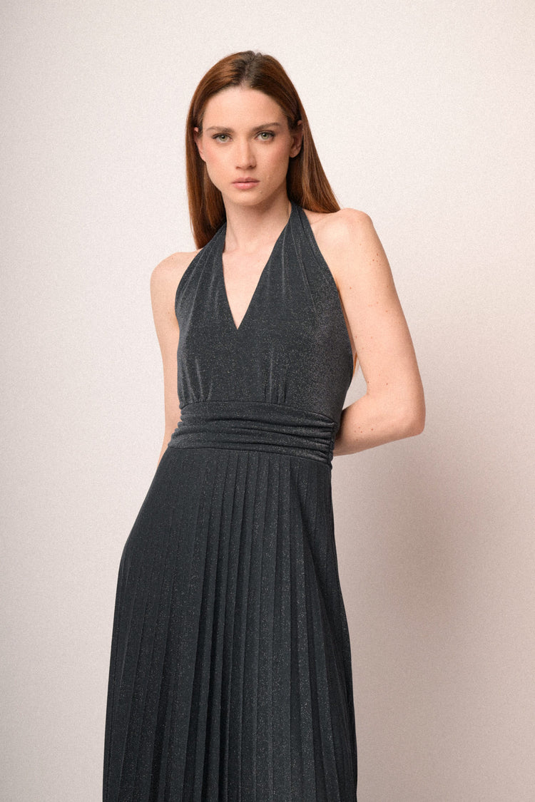 Midnight blue lurex pleated knit long dress