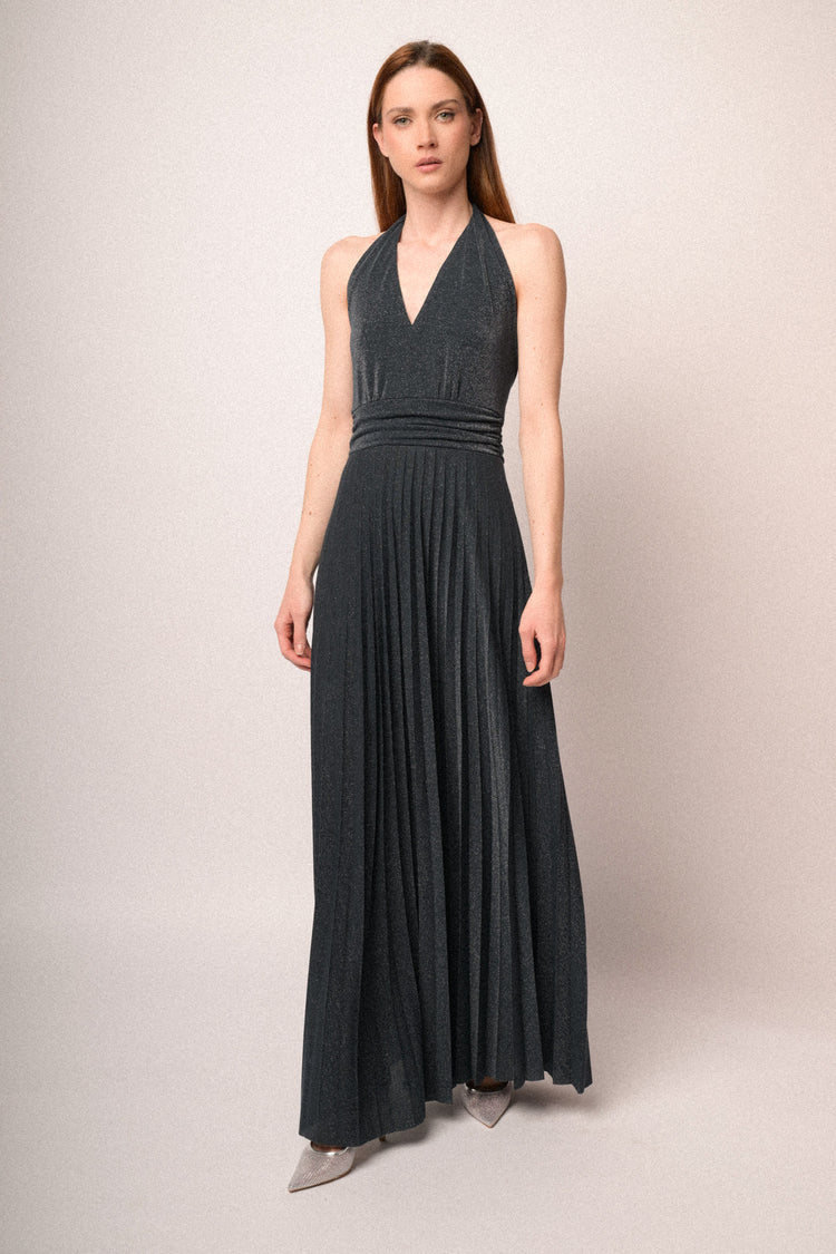 Midnight blue lurex pleated knit long dress