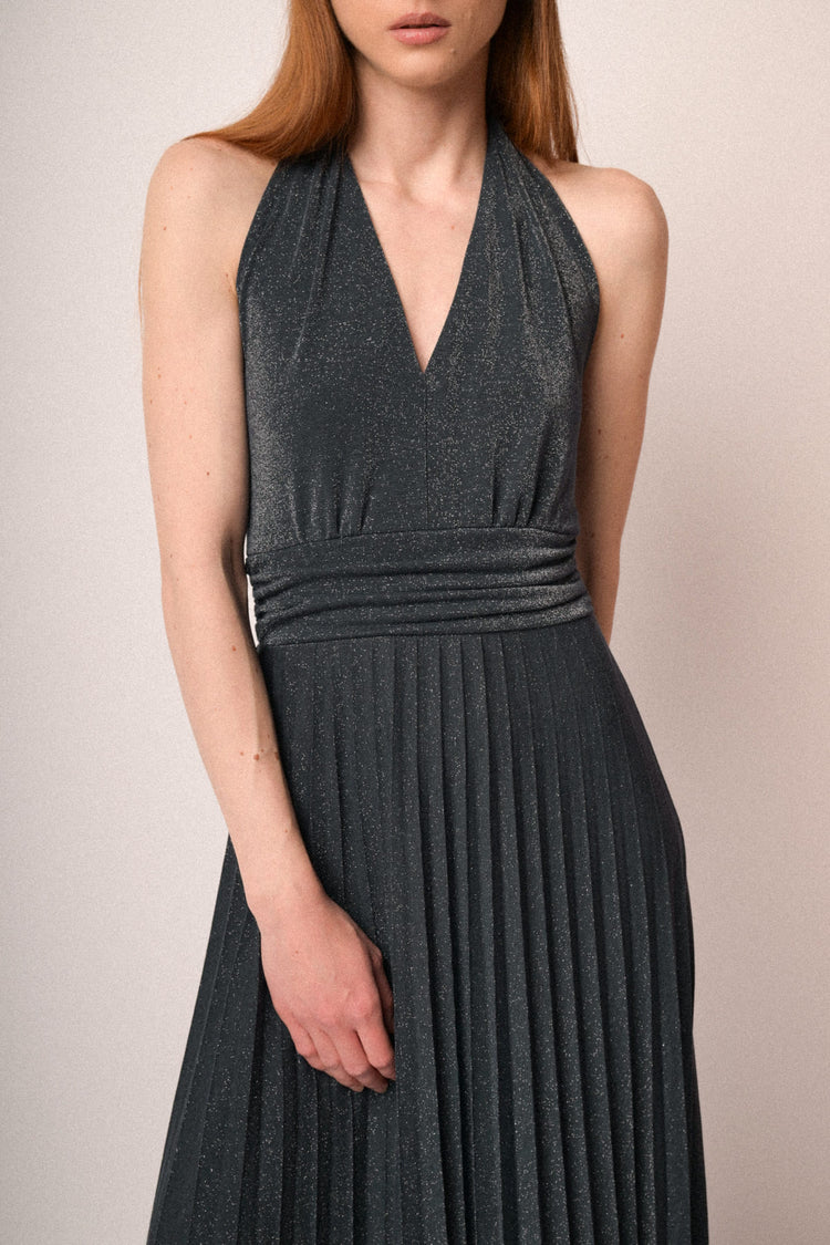Midnight blue lurex pleated knit long dress
