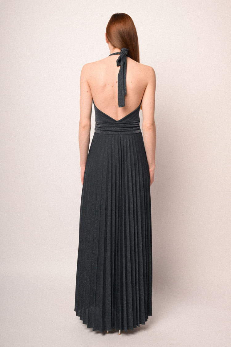 Midnight blue lurex pleated knit long dress
