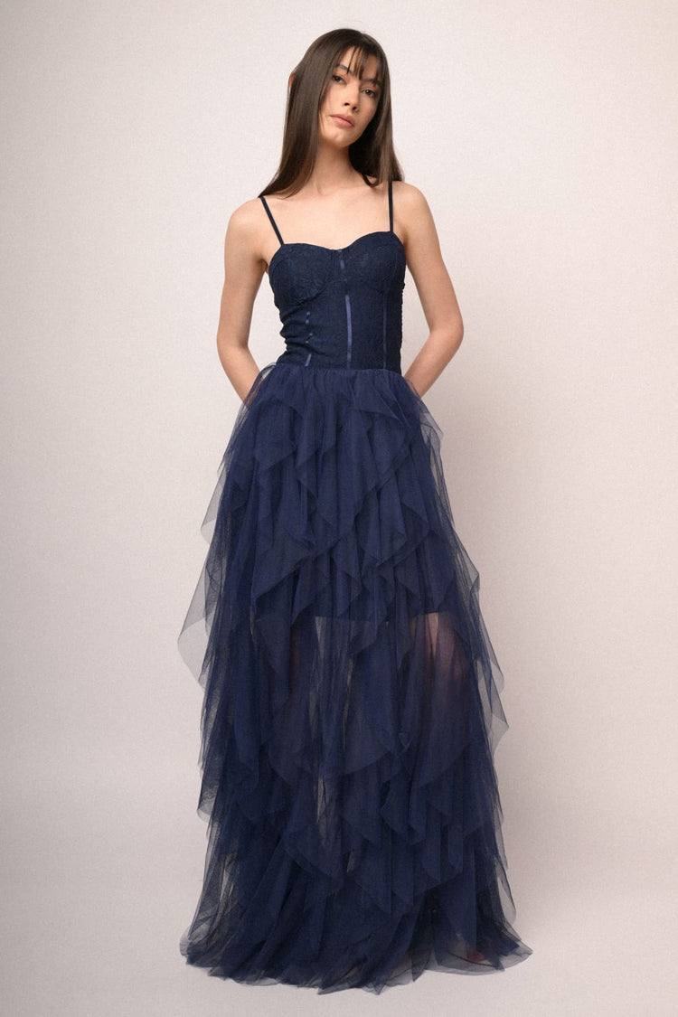 Blue lace top & tulle skirt long dress