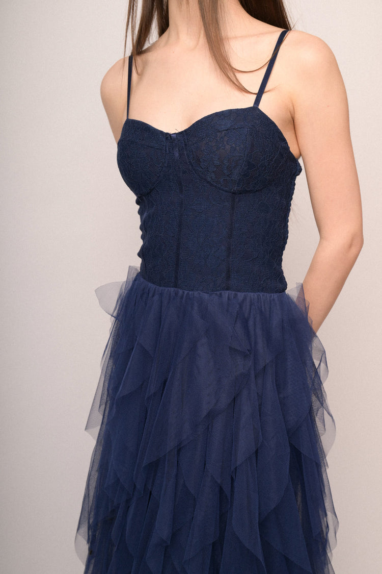 Blue lace top & tulle skirt long dress