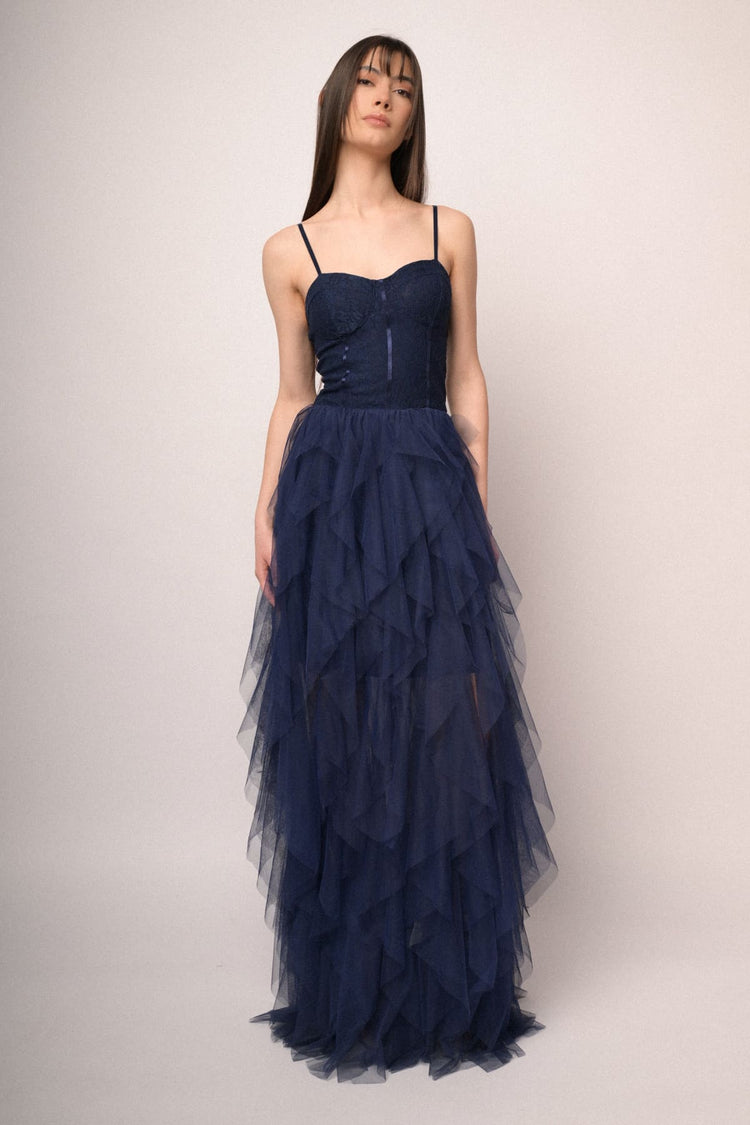 Blue lace top & tulle skirt long dress