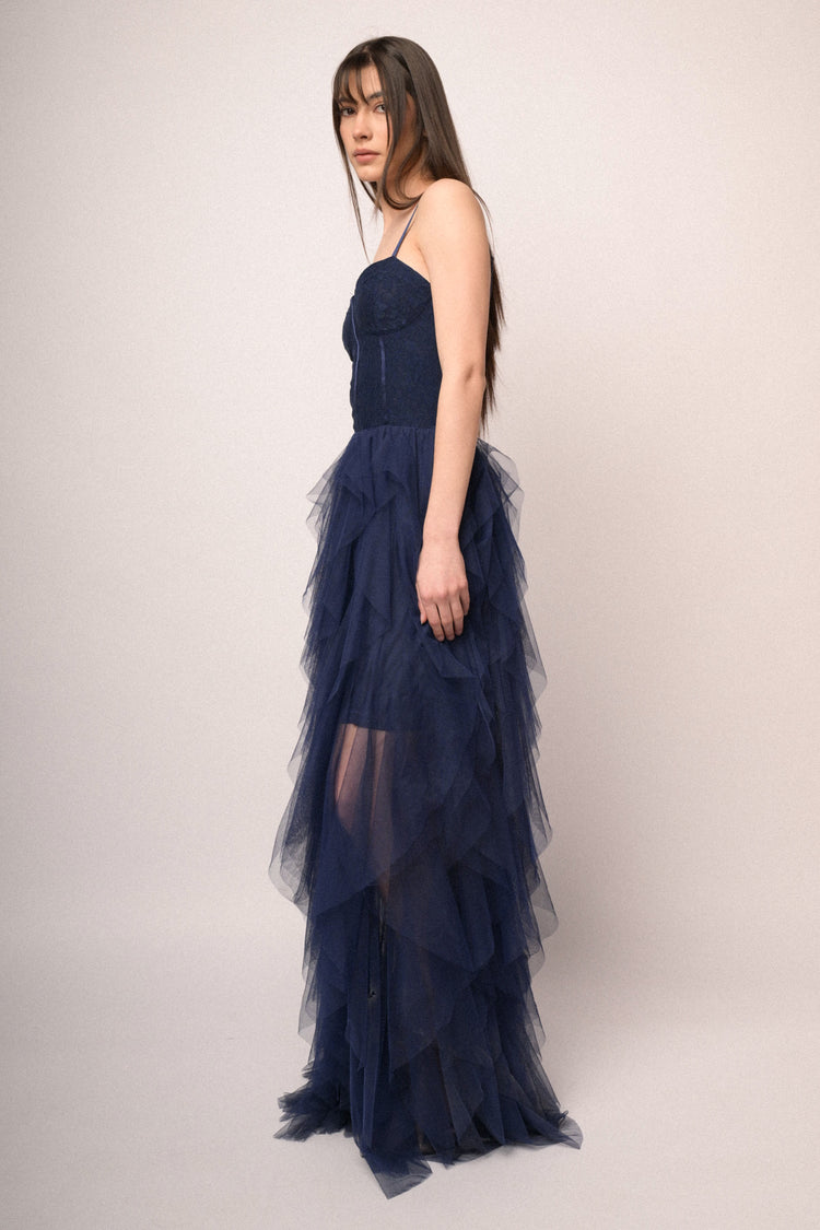 Blue lace top & tulle skirt long dress