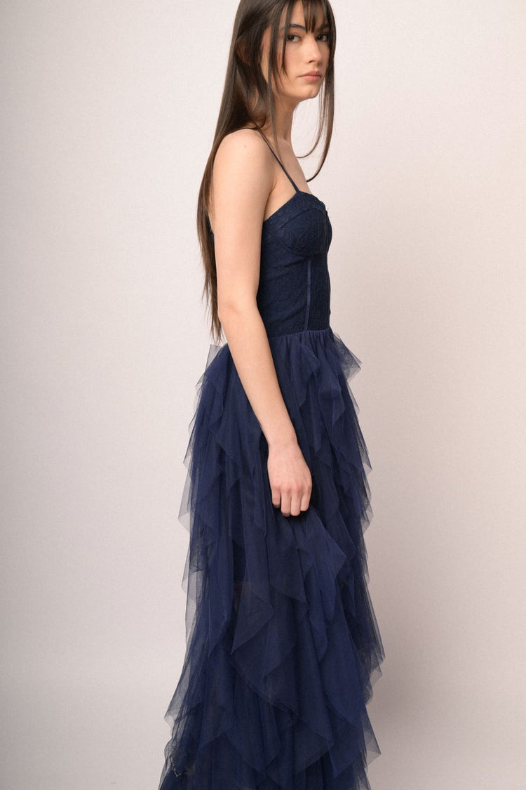 Blue lace top & tulle skirt long dress