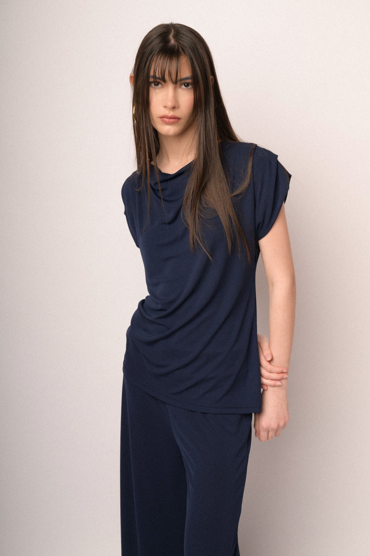Blue draped top