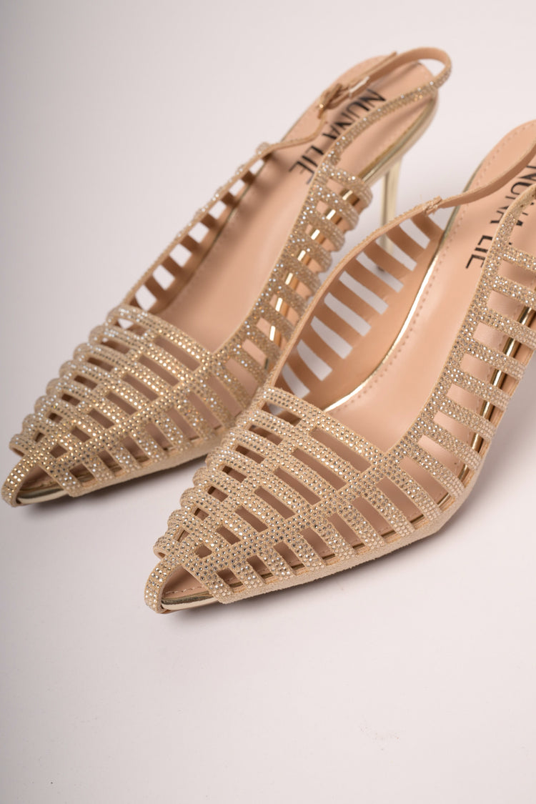 Golden rhinestone cut-outs pointed slingback pumps