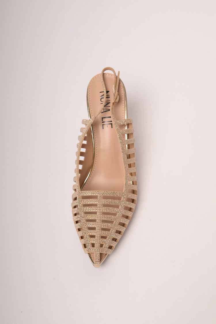 Golden rhinestone cut-outs pointed slingback pumps