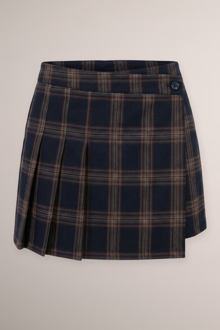 Multicolor/blue check print pleated skort