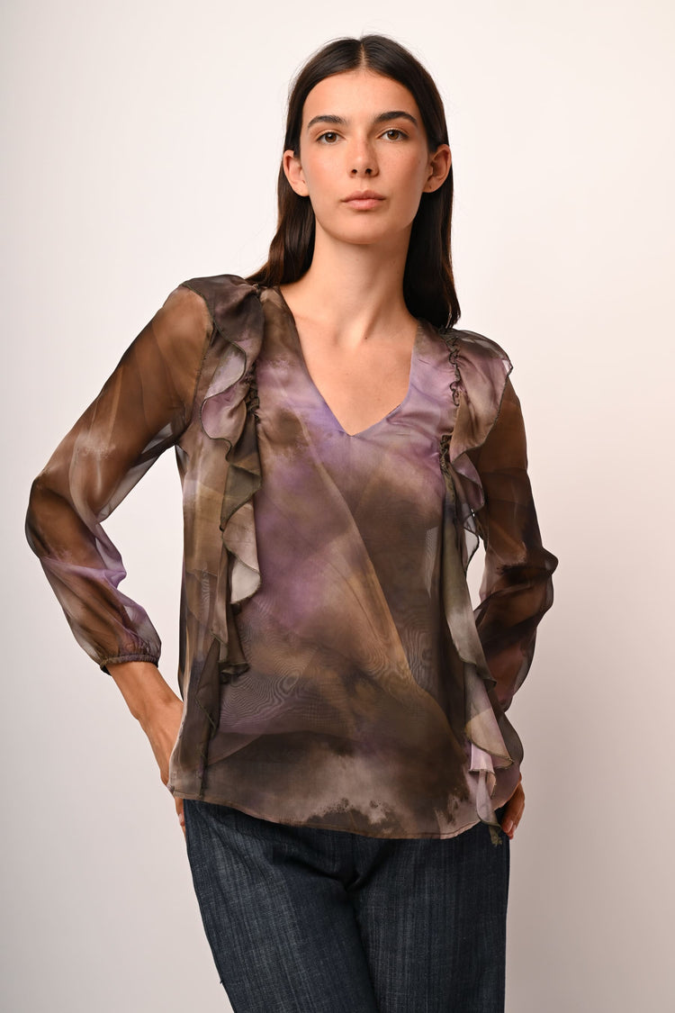 Abstract print frills blouse