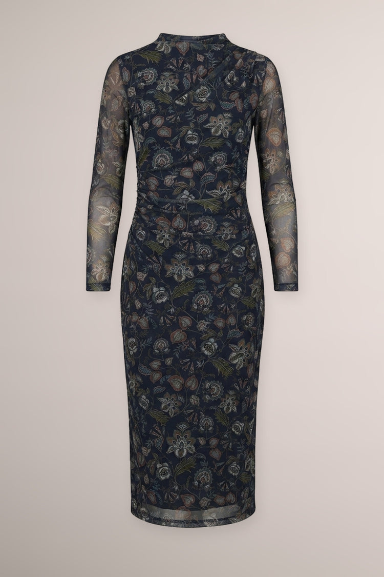 Blue ethnic-floral print tulle midi dress