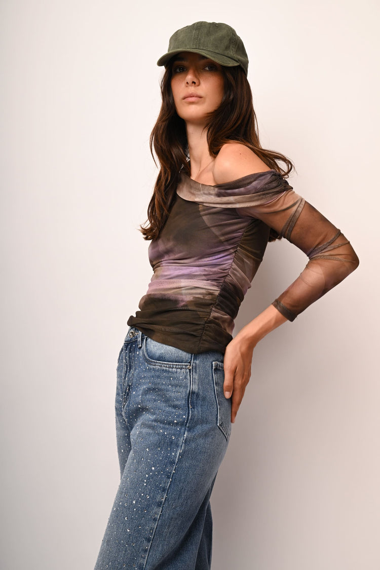 Asymmetric print tulle top