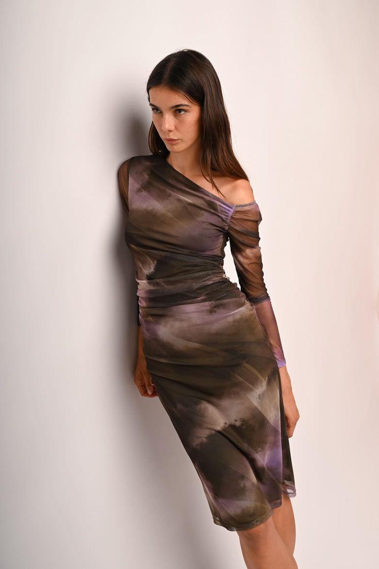 Asymmetric print tulle dress