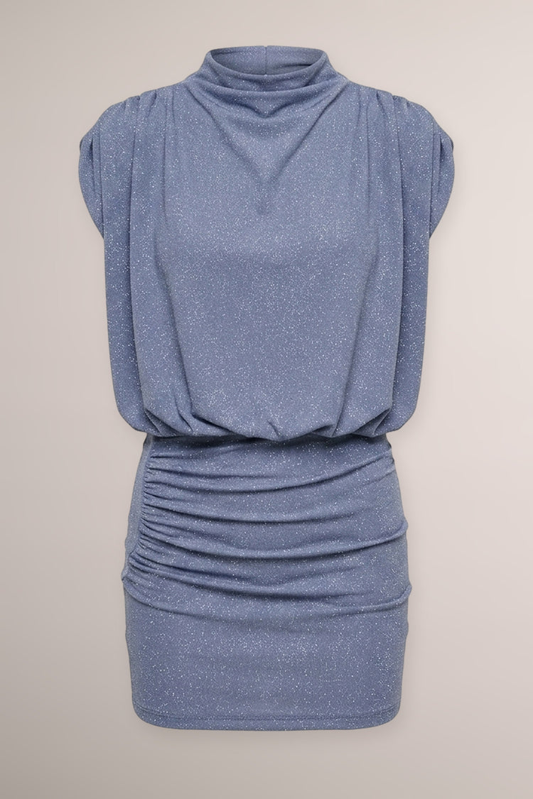 Light blue gathered glitter jersey mini dress