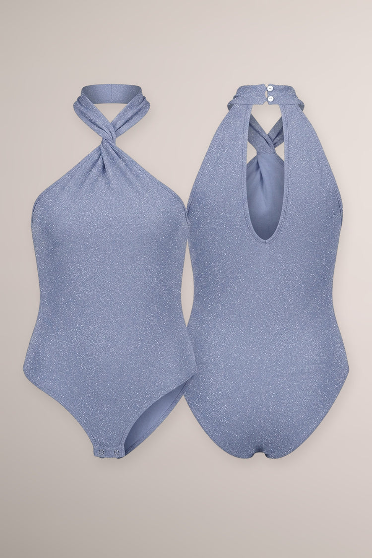 Light blue glitter jersey halter top