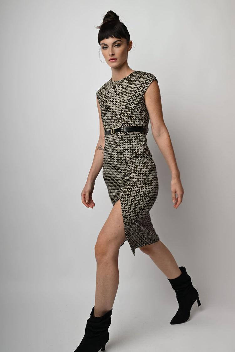 Belted jacquard pencil dress