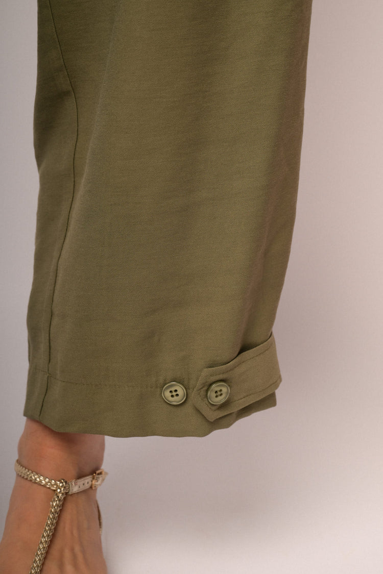 Military green cropped trousers with hem buttons