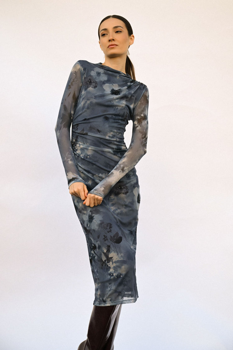 Floral print gathered midi dress