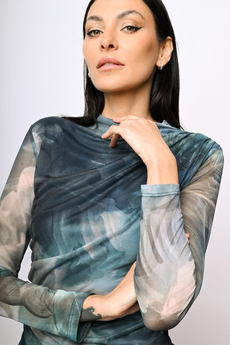 Abstract print tulle top