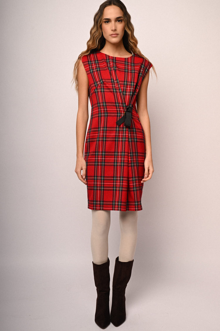 Bow-detail tartan motif sheath dress