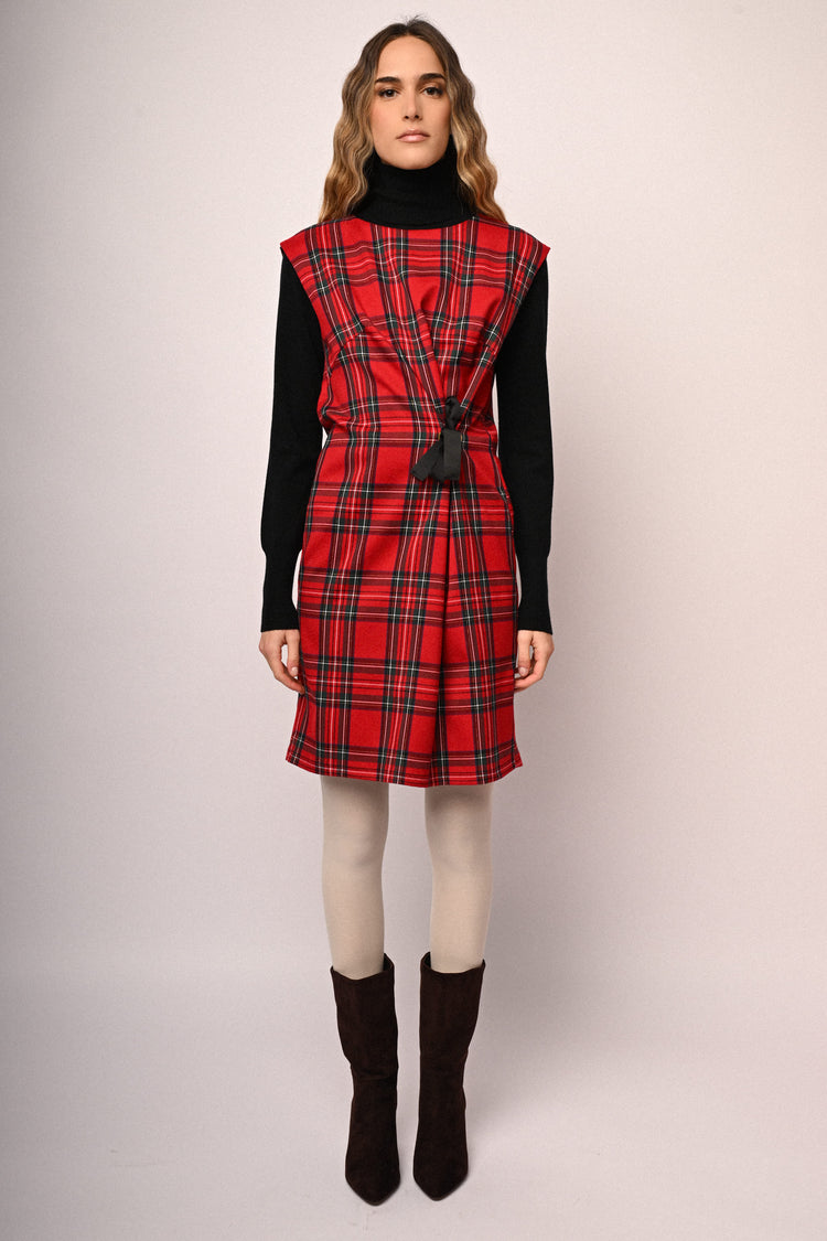 Bow-detail tartan motif sheath dress