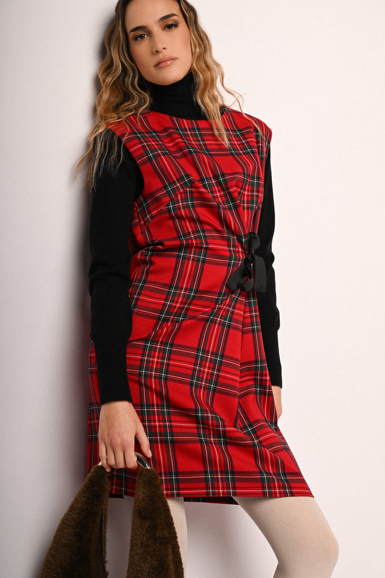 Bow-detail tartan motif sheath dress