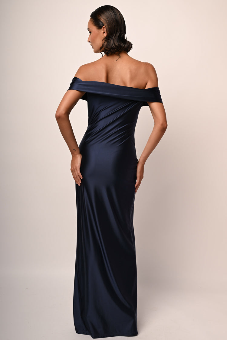 Split gathered satin off-the-shoulder gown
