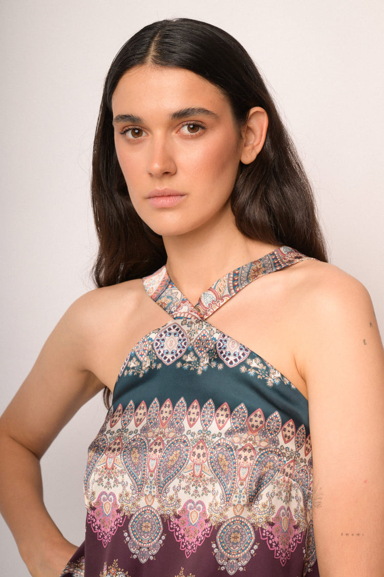 Multicolor ethnic-print satin top