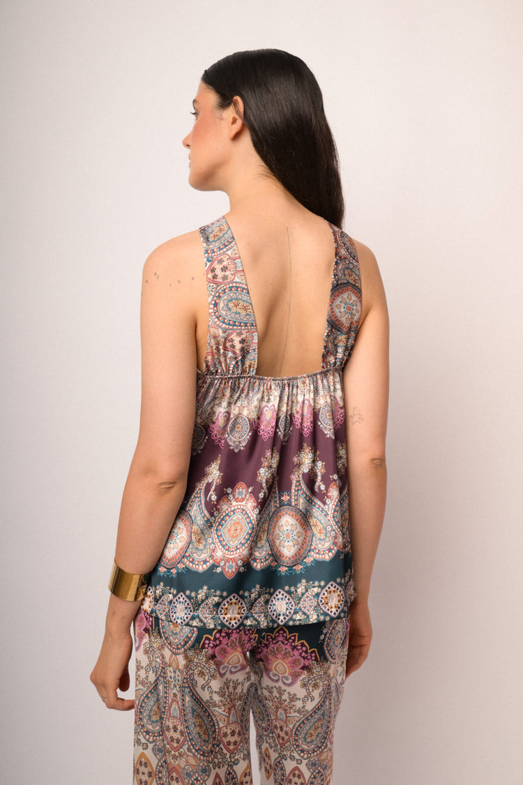 Multicolor ethnic-print satin top
